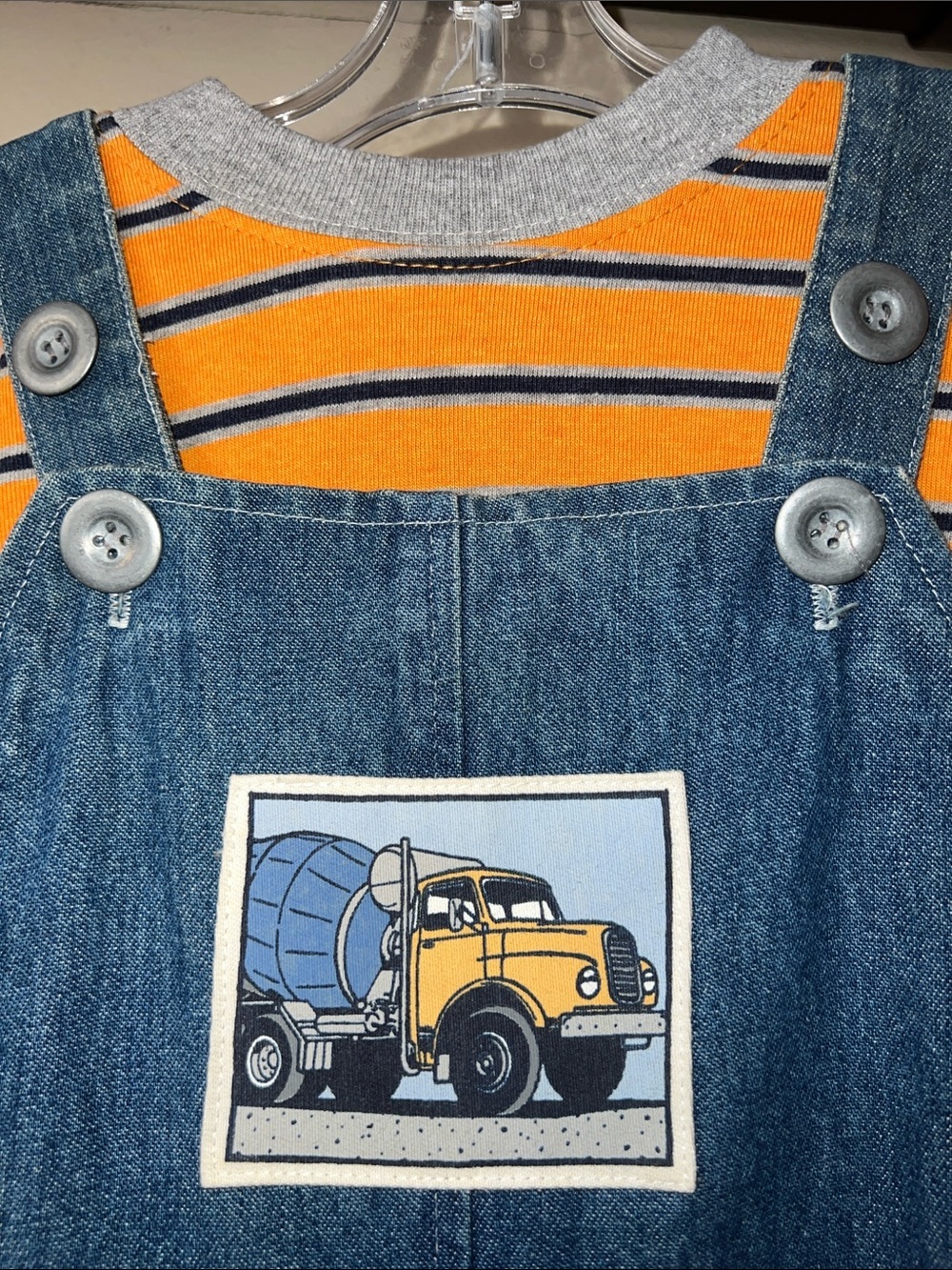 Vintage Kids Denim Overalls with Orange Striped Tee and Cement Mixer Graphic - Picture 6 of 6